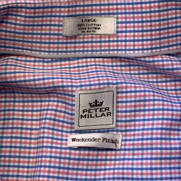 Peter Millar Blue & Orange Checked Button Down Men’s Size Large Weekender Finish - Picture 3 of 10